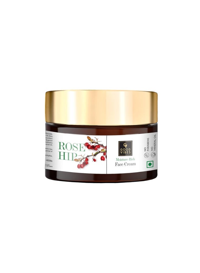 Good Vibes Rosehip Moisture-Rich Face Cream, 50 g Skin Moisturizing Hydrating Light Weight Formula, Soothes & Exfoliates Skin, Natural, No Parabens & Sulphates, No Animal Testing - Image 1
