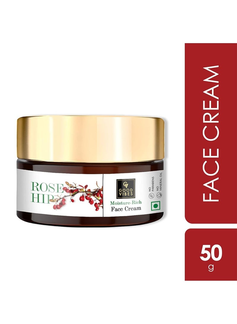 Good Vibes Rosehip Moisture-Rich Face Cream, 50 g Skin Moisturizing Hydrating Light Weight Formula, Soothes & Exfoliates Skin, Natural, No Parabens & Sulphates, No Animal Testing - Image 3
