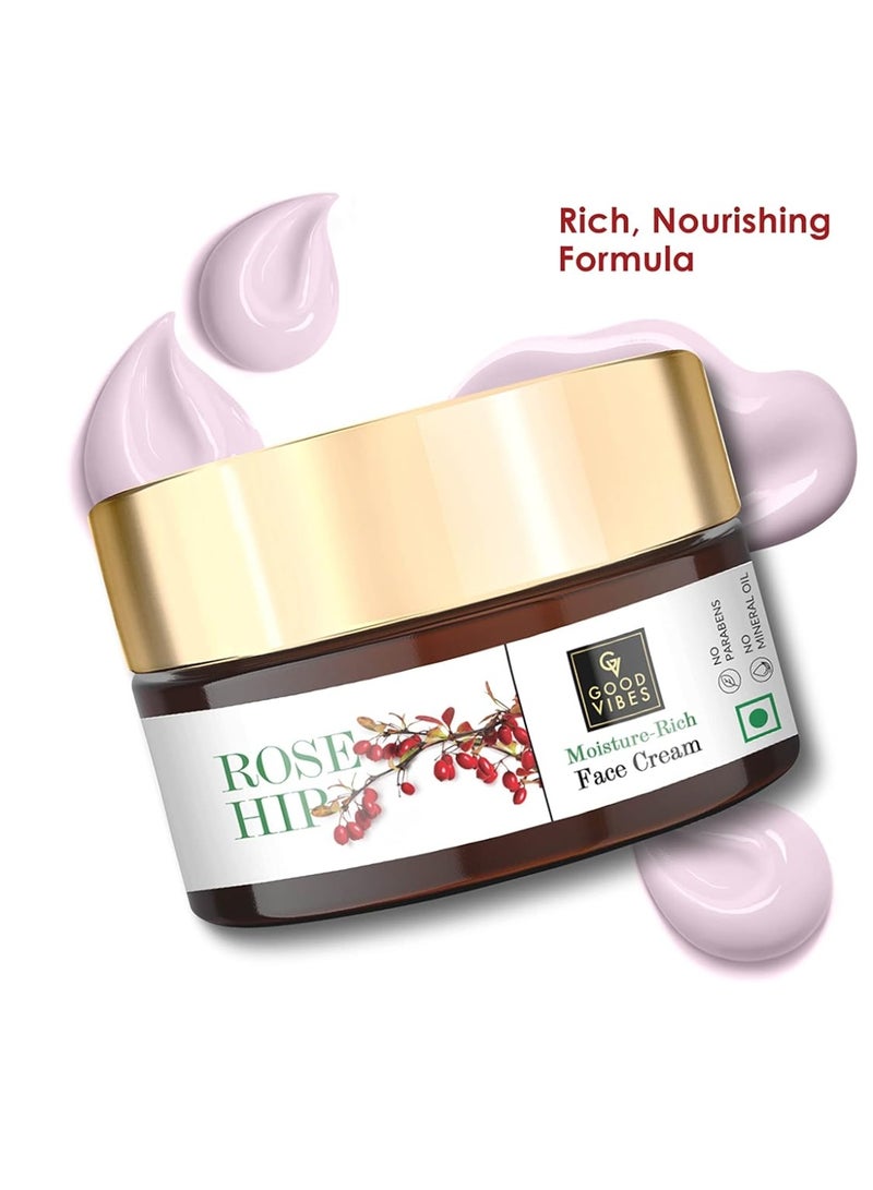 Good Vibes Rosehip Moisture-Rich Face Cream, 50 g Skin Moisturizing Hydrating Light Weight Formula, Soothes & Exfoliates Skin, Natural, No Parabens & Sulphates, No Animal Testing - Image 2