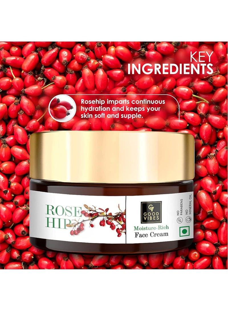 Good Vibes Rosehip Moisture-Rich Face Cream, 50 g Skin Moisturizing Hydrating Light Weight Formula, Soothes & Exfoliates Skin, Natural, No Parabens & Sulphates, No Animal Testing - Image 4