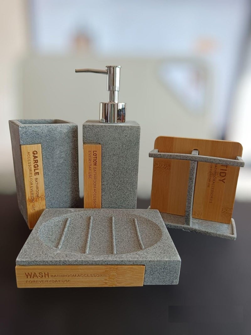 Foliam مجموعة ملحقات الحمام فوليام 4 قطع | رمادي | موزع صابون، حامل فرشاة أسنان، طبق صابون | حامل صابون للحمام | موزع صابون للحمام | عناصر ديكور المنزل - Image 1