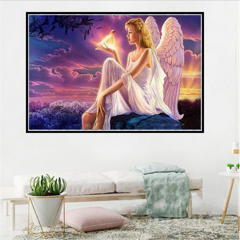 لوحة الألماس الخمسية العشوائية (DIY 5D Diamond Painting) W029 الملاك 40×30، لوحة تطريز بالكريستال والرمادي الكامل للفن والحرف لتزيين جدران المنزل - Image 1