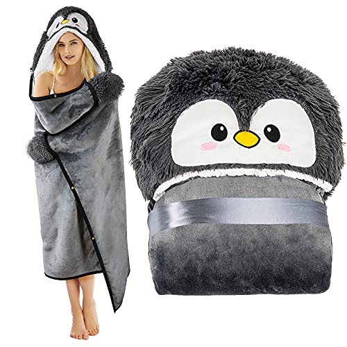 Happy Fuel Penguin Wearable Hooded Blanket for Adults – Fuzzy Super Soft Warm Cozy Plush Flannel Fleece & Sherpa Hoodie Throw Cloak Wrap - Penguin Gifts for Women Adults Girls and Kids - Image 1
