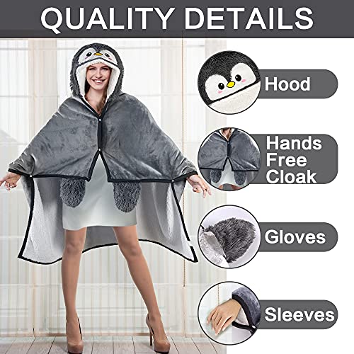 Happy Fuel Penguin Wearable Hooded Blanket for Adults – Fuzzy Super Soft Warm Cozy Plush Flannel Fleece & Sherpa Hoodie Throw Cloak Wrap - Penguin Gifts for Women Adults Girls and Kids - Image 3