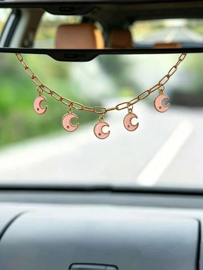 1pc Alloy Moon & Star Car Rearview Mirror Hanging Decoration, Women's Car Interior Decor Accessory