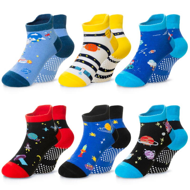 Eyean Kids Ankle Cotton Socks Cute Animal Pattern Soft Non Slip Boys Girls No Show Socks 6 Pairs (Non Slip-Space, 6-8 Years) - Image 1