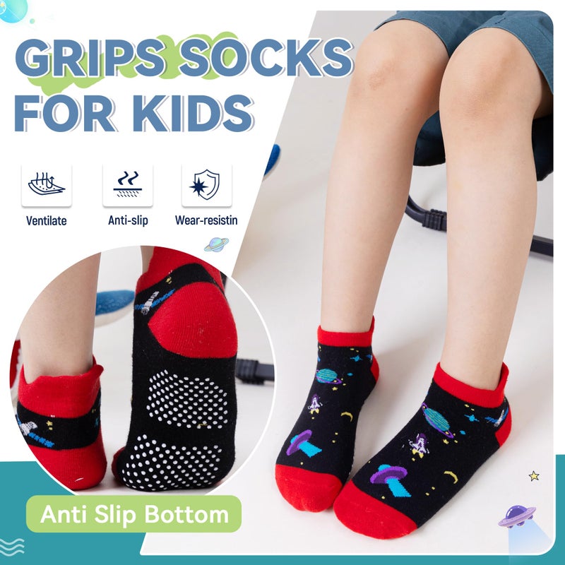 Eyean Kids Ankle Cotton Socks Cute Animal Pattern Soft Non Slip Boys Girls No Show Socks 6 Pairs (Non Slip-Space, 6-8 Years) - Image 5