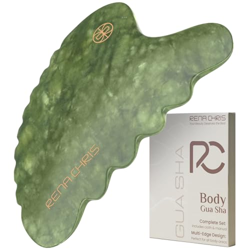Rena Chris Body Gua Sha Tools Natural Xiuyan Jade GuaSha Tool Manual Massage Sticks for Jawline Sculpting and Puffiness Reducing Whole Body Skin Care Massager Green