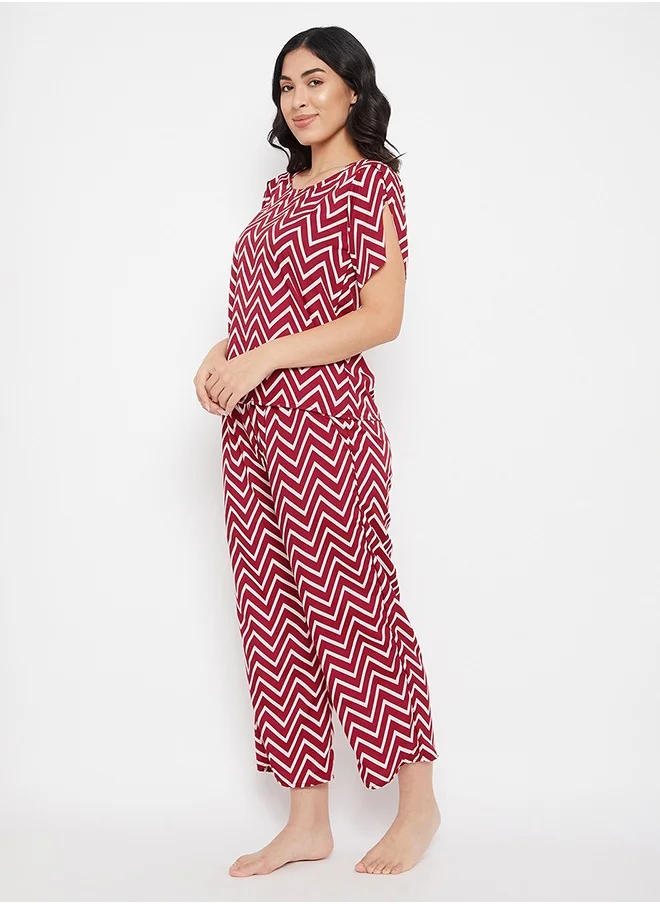 Clovia Clovia Chevron Print Top & Pyjama Set in Red - Crepe