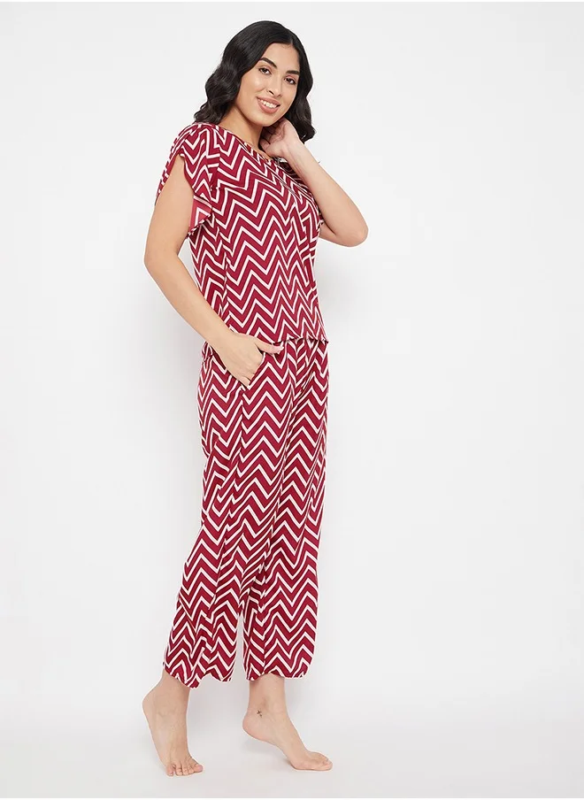 Clovia Clovia Chevron Print Top & Pyjama Set in Red - Crepe