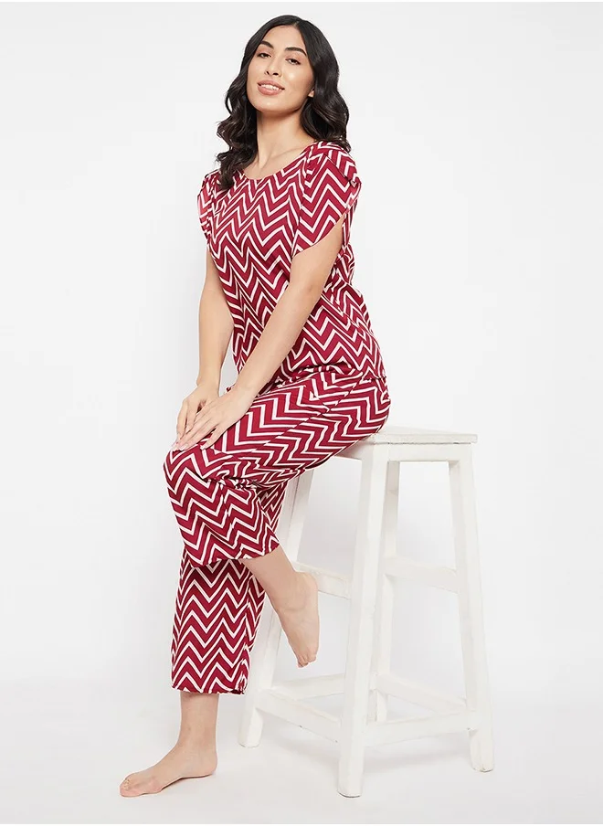 كلوفيا Clovia Chevron Print Top & Pyjama Set in Red - Crepe