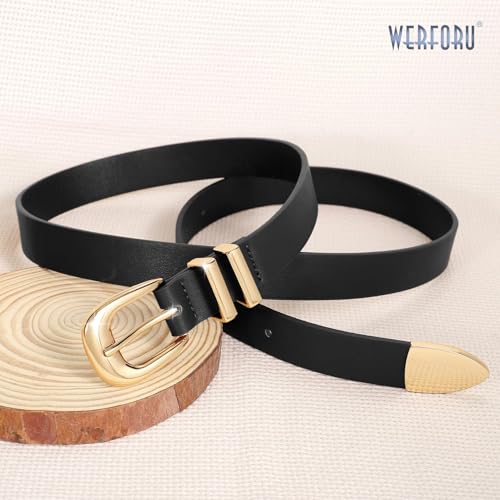 WERFORU Women Leather Belt Fashion Leather Waist Belt for Pants Jean Ladies Western Thin Belt with Gold/Silver Buckle（Fit Waist Size 26"-30",Black-Gold Buckle - Image 4