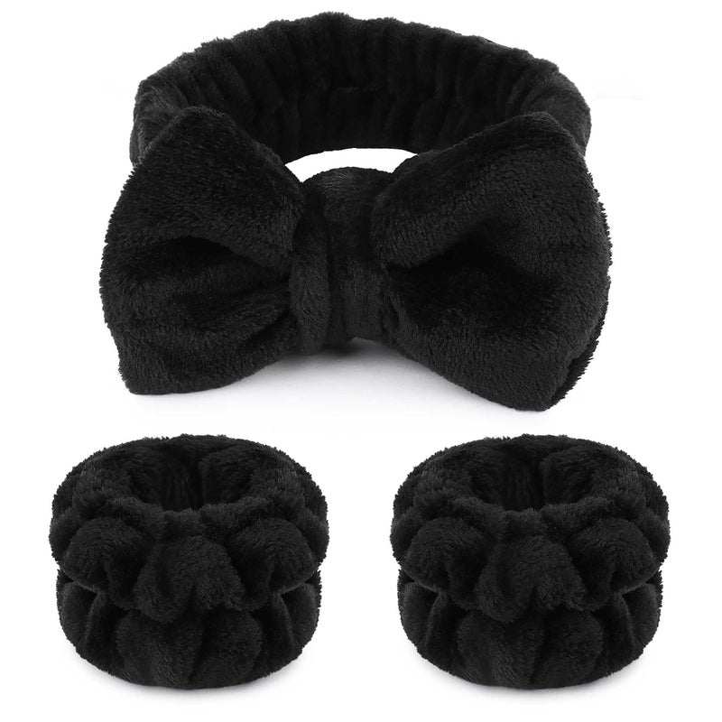 WSYUB Makeup Headbands, 1pcs Black Spa Headband Fluffy Bow Tie Headband Microfiber Face, and 2Pcs Wrist Spa Wash Band Absorbent Wristbands, for Washing Face Skin Care - Image 1