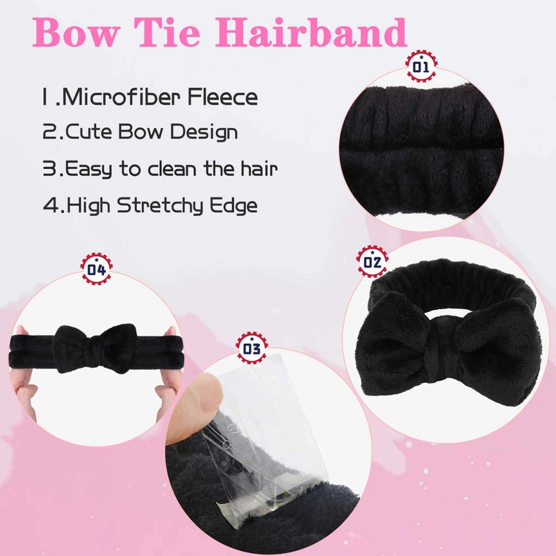 WSYUB Makeup Headbands, 1pcs Black Spa Headband Fluffy Bow Tie Headband Microfiber Face, and 2Pcs Wrist Spa Wash Band Absorbent Wristbands, for Washing Face Skin Care - Image 4
