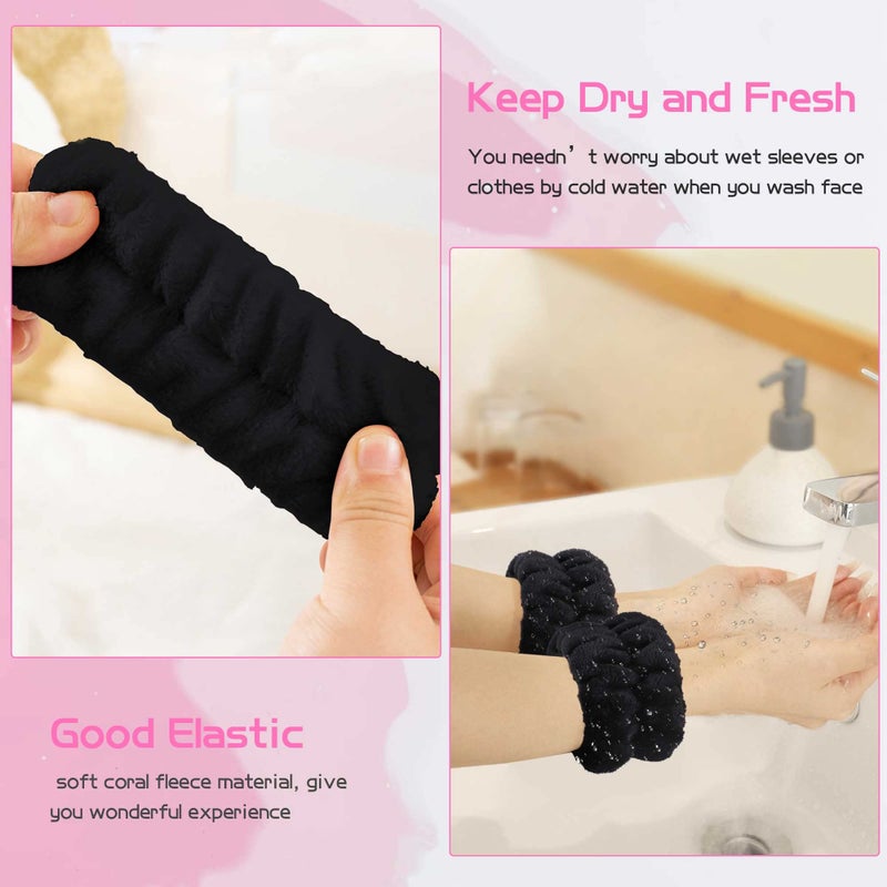 WSYUB Makeup Headbands, 1pcs Black Spa Headband Fluffy Bow Tie Headband Microfiber Face, and 2Pcs Wrist Spa Wash Band Absorbent Wristbands, for Washing Face Skin Care - Image 3