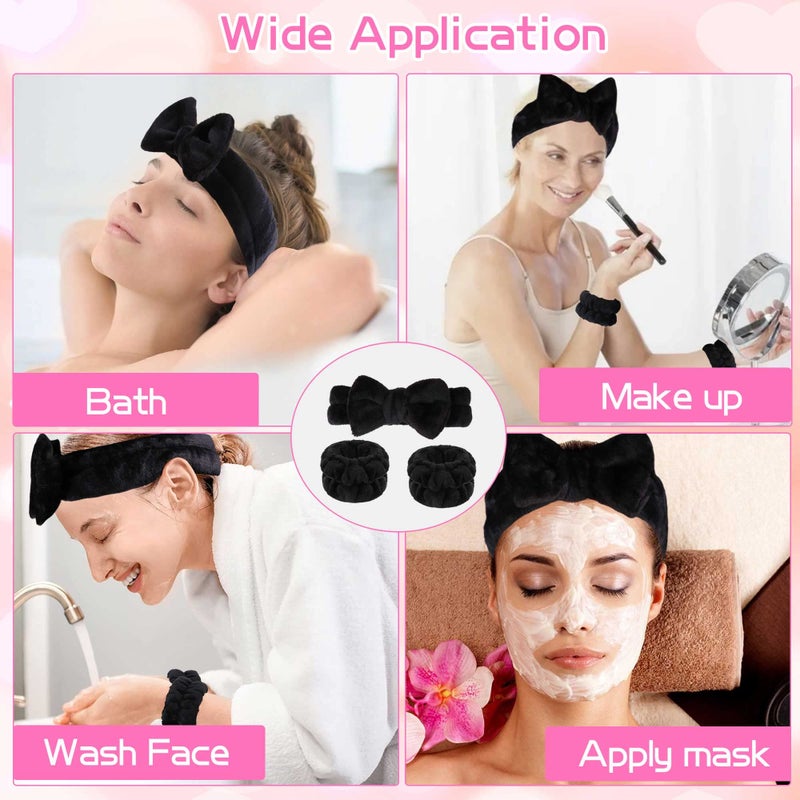 WSYUB Makeup Headbands, 1pcs Black Spa Headband Fluffy Bow Tie Headband Microfiber Face, and 2Pcs Wrist Spa Wash Band Absorbent Wristbands, for Washing Face Skin Care - Image 5