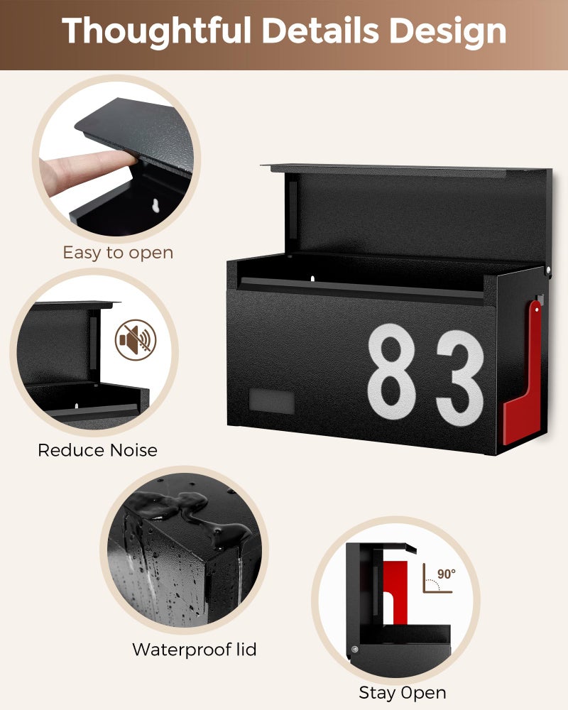 LANDÂ·VOI Modern Mailboxes for Outside, Metal Wall Mount Mailbox, with One Flag Kit and Three Sets of Mailbox Number Stickers, 3.9" DÃ—13" WÃ—7.1" H, Rust Resistant Coating Mail Boxes for House, Black AMB06B - Image 3