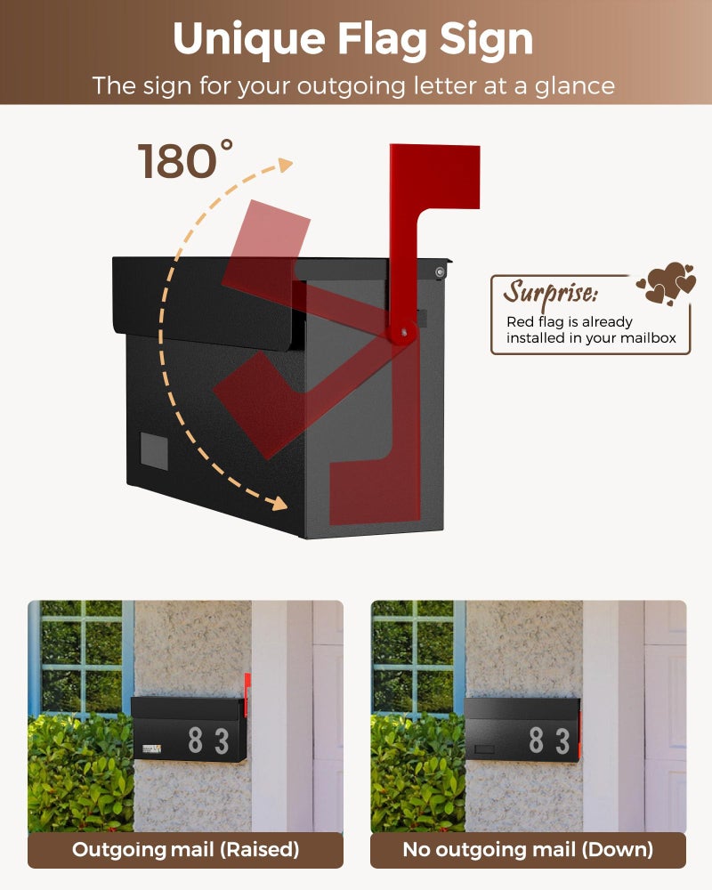 LANDÂ·VOI Modern Mailboxes for Outside, Metal Wall Mount Mailbox, with One Flag Kit and Three Sets of Mailbox Number Stickers, 3.9" DÃ—13" WÃ—7.1" H, Rust Resistant Coating Mail Boxes for House, Black AMB06B - Image 5