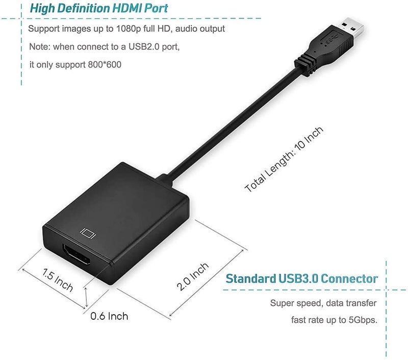 Microware محول USB إلى HDMI، كابل USB 3.0/2.0 إلى HDMI محول فيديو متعدد العرض - كمبيوتر شخصي، لابتوب، ويندوز 7 8 10، سطح المكتب، لابتوب، كمبيوتر، شاشة، بروجيكتور، HDTV. [لا يدعم Chromebook] - Image 2