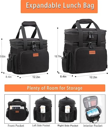 GLENKEY Expandable XLarge Lunch Box, Insulated Heavy Duty Lunch Bag Waterproof Leakproof Durable Cooler Bag for Men Women Adults Work Construction Camping Trip, 22L, Black, GLENKEY - Image 3
