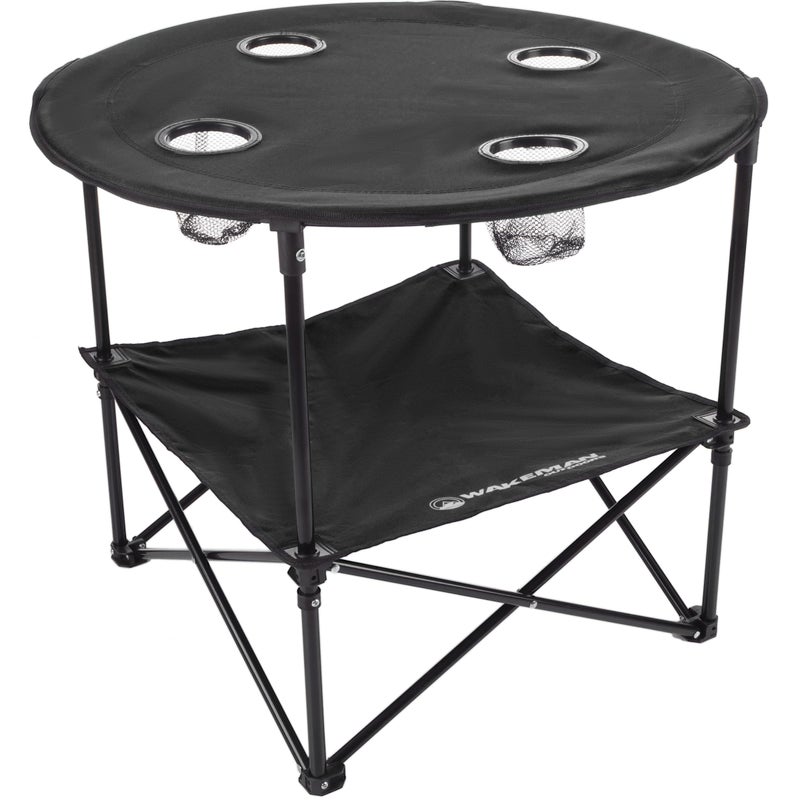 Camping Table 2Tier Folding Table with 4 Cupholders and Carry Bag for Picnic Tailgate Beach or Camp Camping Gear by Wakeman Outdoors Black