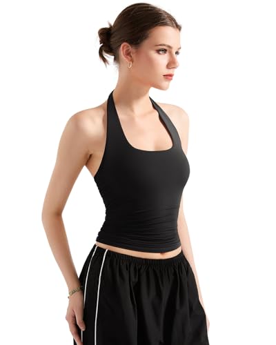 SUUKSESS Women Halter Tank Tops Double Lined Basic Backless Y2K Trendy Going Out Tops (Black,XS) - Image 2