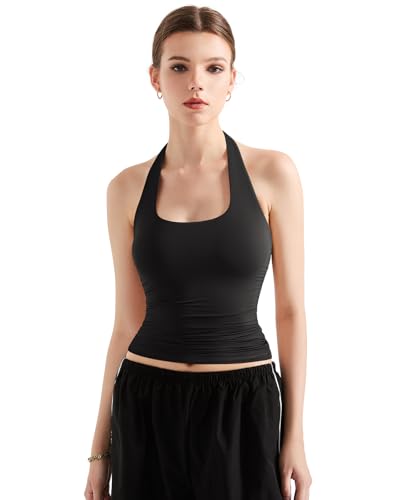 SUUKSESS Women Halter Tank Tops Double Lined Basic Backless Y2K Trendy Going Out Tops (Black,XS) - Image 5
