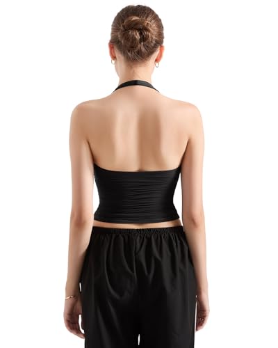 SUUKSESS Women Halter Tank Tops Double Lined Basic Backless Y2K Trendy Going Out Tops (Black,XS) - Image 4