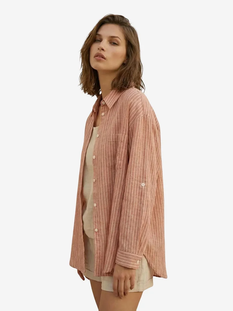 My Fashion Chestnut Brown MY FASHION Oversized Striped Long-Sleeve Cotton Poplin Shirt for Women | Best Price UAE