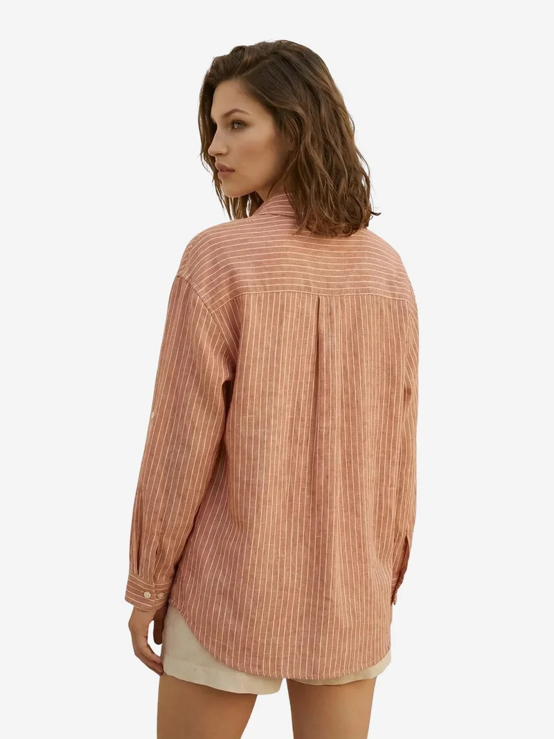My Fashion Chestnut Brown MY FASHION Oversized Striped Long-Sleeve Cotton Poplin Shirt for Women | Best Price UAE
