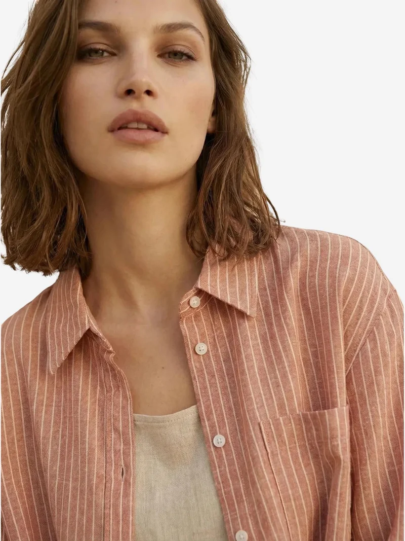 My Fashion Chestnut Brown MY FASHION Oversized Striped Long-Sleeve Cotton Poplin Shirt for Women | Best Price UAE