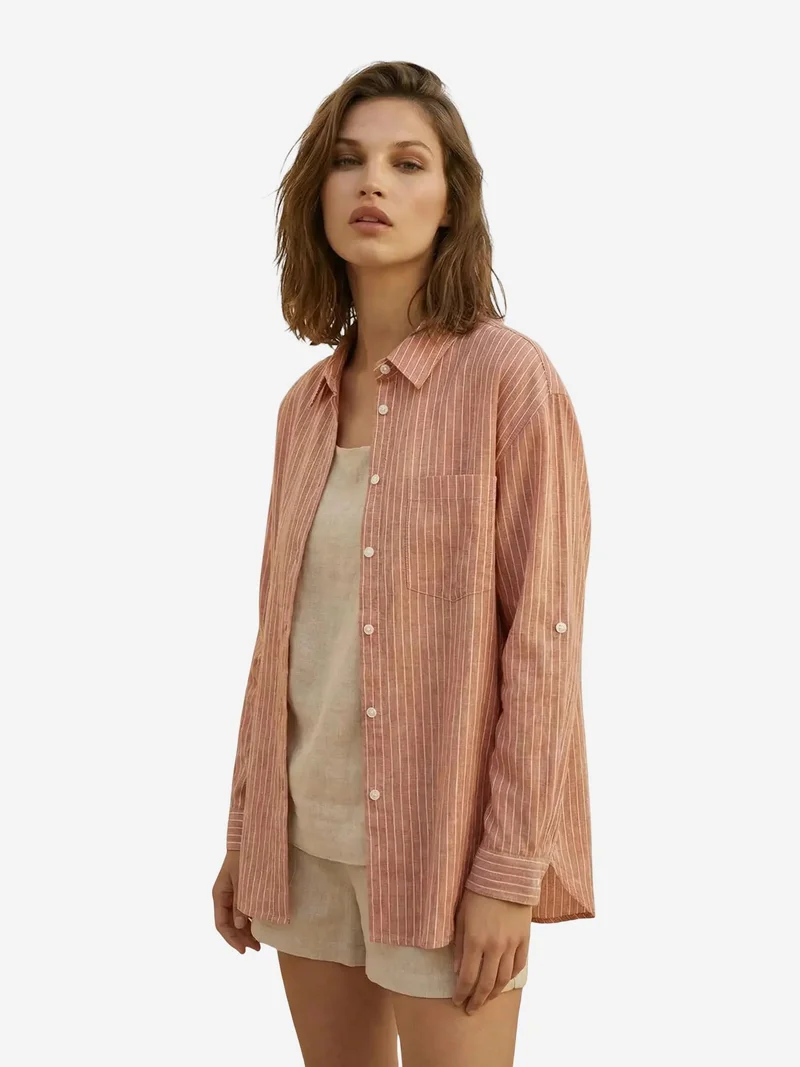 My Fashion Chestnut Brown MY FASHION Oversized Striped Long-Sleeve Cotton Poplin Shirt for Women | Best Price UAE