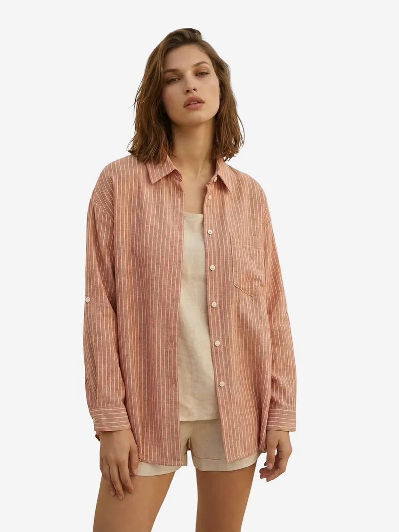 ماي فاشن MY FASHION Oversized Striped Long-Sleeve Cotton Poplin Shirt