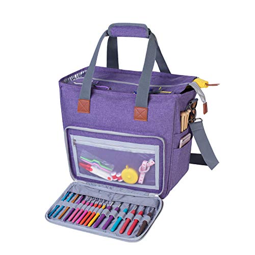 حقيبة لكسجا للحياكة مع أحزمة كتف حقيبة خيوط لحمل المشاريع وأدوات الحياكة وخطافات الكروشيه وإكسسوارات أخرى باللون الأرجواني