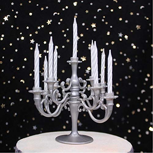 CheeseandU Mini Plastic Candle Holder Stand with 7Pcs Candelabra Taper Beautiful Vintage Candlestick Cake Topper Desk Ornament for Wedding Event Birthday Party Candelabra Cake Topper Silver