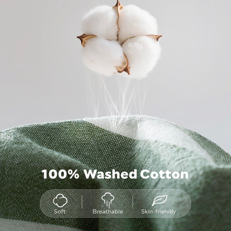 JELLYMONI مجموعة أغطية لحاف جيليموني مخططة 100% قطن مغسول مثل الكتان، 3 قطع مجموعة فاخرة ناعمة من البياضات مع إغلاق بأزرار، نمط مخطط أخضر لحاف بحجم كوين (بدون لحاف) - Image 2