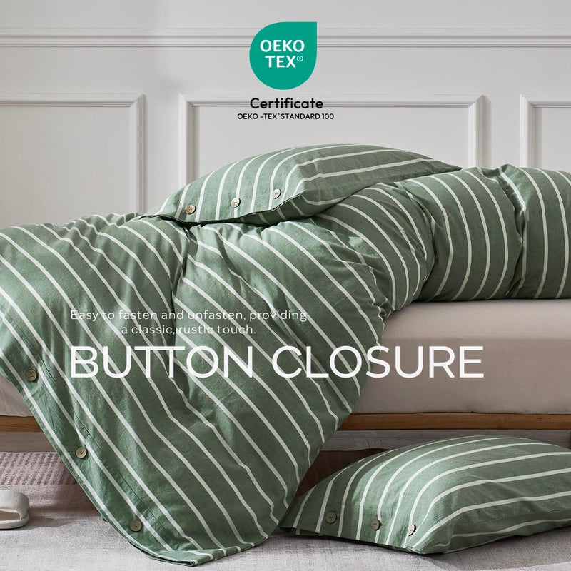 JELLYMONI مجموعة أغطية لحاف جيليموني مخططة 100% قطن مغسول مثل الكتان، 3 قطع مجموعة فاخرة ناعمة من البياضات مع إغلاق بأزرار، نمط مخطط أخضر لحاف بحجم كوين (بدون لحاف) - Image 5