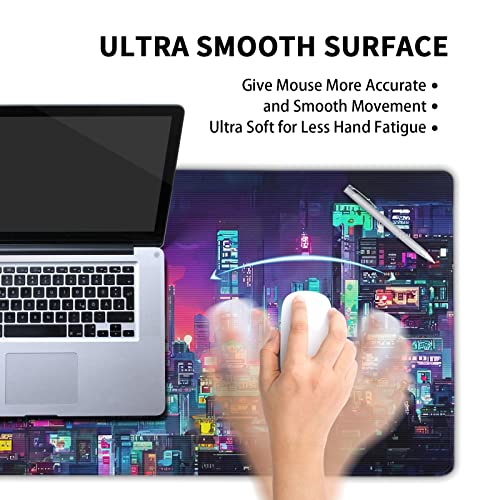 aportt Retro Japanese Anime Gaming Mouse Pad XL Cool Dark Purple Red Vaporwave City Extended Large Desk Mat Big Mousepad Non-Slip Rubber Base Stitched Edge Long Desk Pad for Desktop Computer,31.5×11.8 in - Image 4