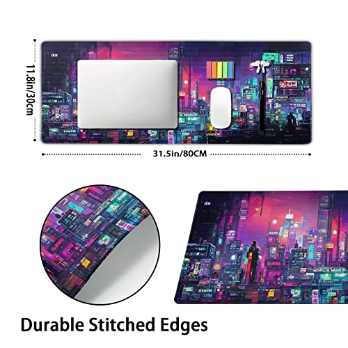 aportt Retro Japanese Anime Gaming Mouse Pad XL Cool Dark Purple Red Vaporwave City Extended Large Desk Mat Big Mousepad Non-Slip Rubber Base Stitched Edge Long Desk Pad for Desktop Computer,31.5×11.8 in - Image 2
