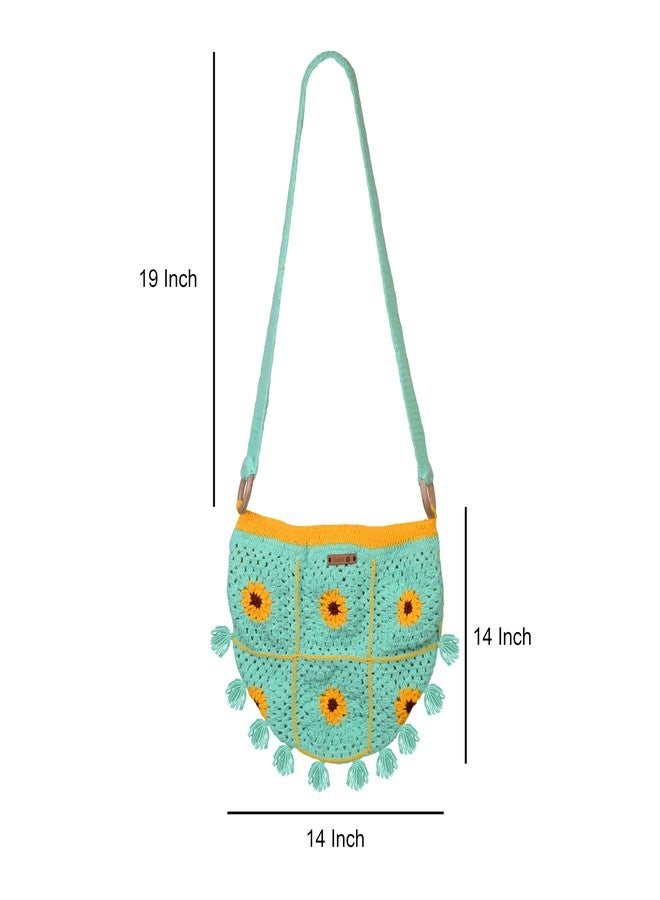 Sutra Handmade Wool Crochet Green Sunflower Tassel Bag | Boho Shoulder Purse | Eco-Friendly Reusable Tote Bag | Summer Beach Handbag for Women Girls - Image 2