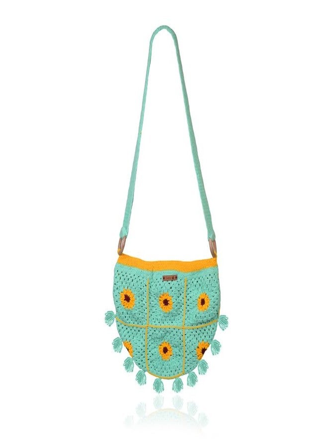 Sutra Handmade Wool Crochet Green Sunflower Tassel Bag | Boho Shoulder Purse | Eco-Friendly Reusable Tote Bag | Summer Beach Handbag for Women Girls - Image 1