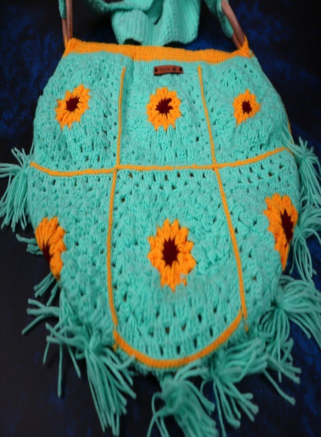 Sutra Handmade Wool Crochet Green Sunflower Tassel Bag | Boho Shoulder Purse | Eco-Friendly Reusable Tote Bag | Summer Beach Handbag for Women Girls - Image 4