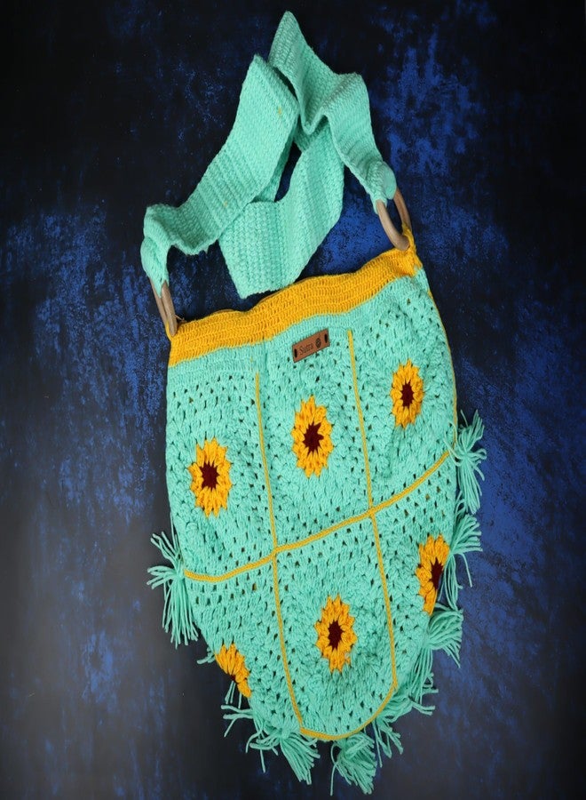 Sutra Handmade Wool Crochet Green Sunflower Tassel Bag | Boho Shoulder Purse | Eco-Friendly Reusable Tote Bag | Summer Beach Handbag for Women Girls - Image 3