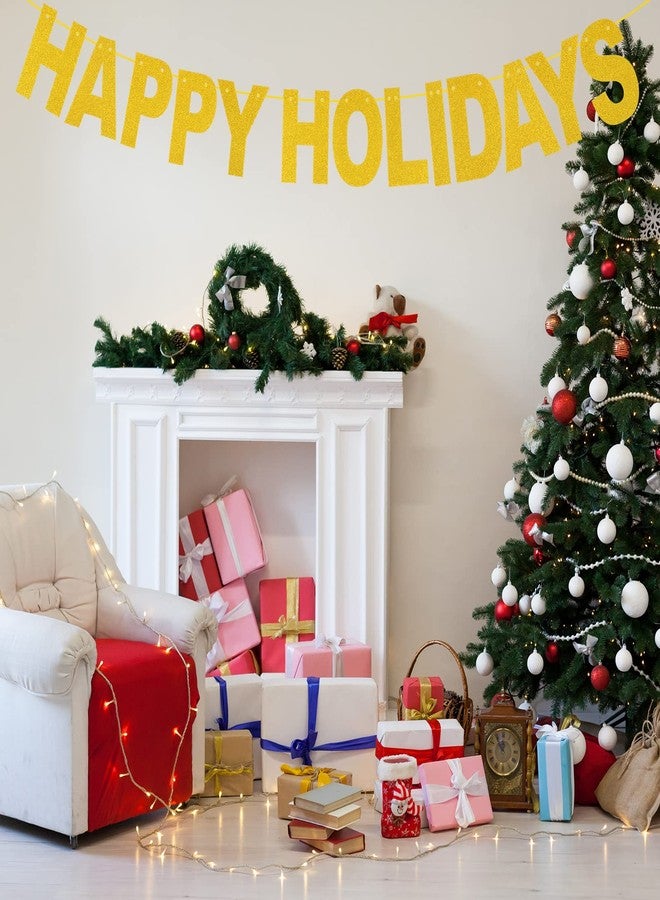 Teqooza Happy Holidays Banner, Gold Gliter Paper Sign for Christmas Banner Decorations Holiday New Year Thanksgiving Decorations - Image 3