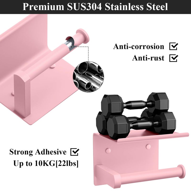 Tindbea Toilet Paper Holder with Phone Shelf  Adhesive or Screw Wall Mount Toilet Tissue Roll Holder  Rustproof & Multifunctional Stainless Steel Bathroom Storage Dispenser (Blush Pink)