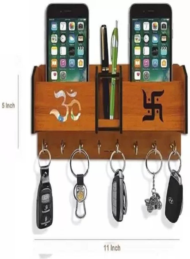 CAPIO ART Wooden Key Holder for Home Wall Stylish | Wooden Wall Mounted Decorative Key Chain Hanger with 8 Hooks, 2 Mobile & 1 Pen Holder for Home & Office | Multipurpose Organiser | Honey Finish - Image 2