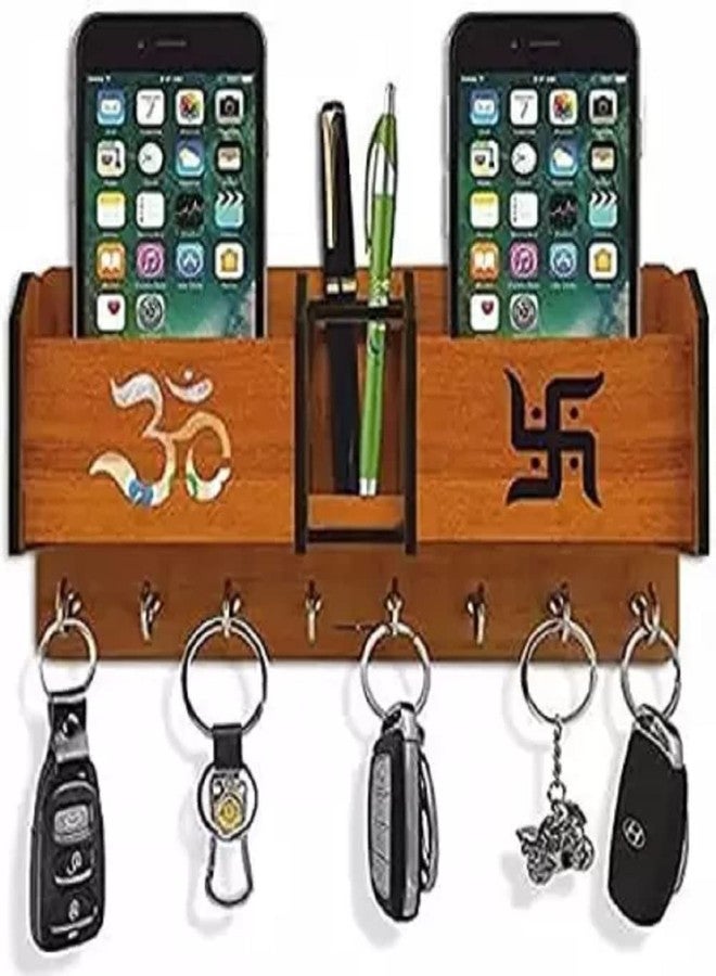 CAPIO ART Wooden Key Holder for Home Wall Stylish | Wooden Wall Mounted Decorative Key Chain Hanger with 8 Hooks, 2 Mobile & 1 Pen Holder for Home & Office | Multipurpose Organiser | Honey Finish - Image 1