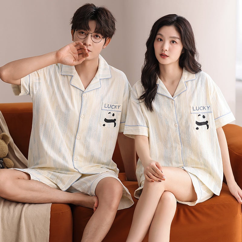 New Pure Cotton Lapel Cardigan Couple Fashion Pajamas That Can Be Worn Outside In Summer Casual Loose Men'S And Women'S Home Clothes Batch - Image 1