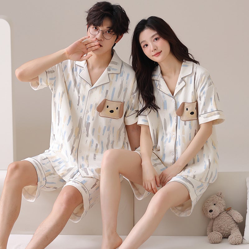 New Pure Cotton Lapel Cardigan Couple Fashion Pajamas That Can Be Worn Outside In Summer Casual Loose Men'S And Women'S Home Clothes Batch - Image 5