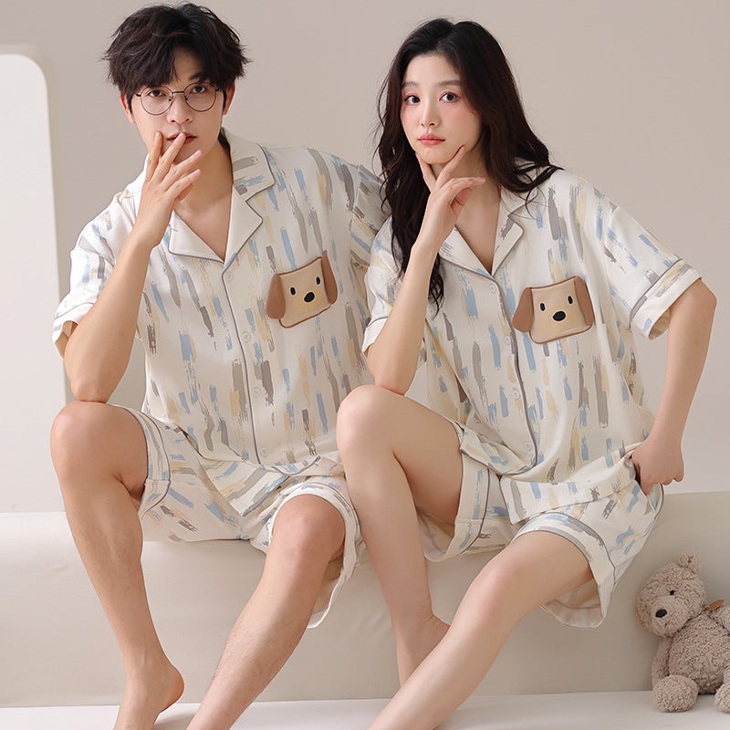 New Pure Cotton Lapel Cardigan Couple Fashion Pajamas That Can Be Worn Outside In Summer Casual Loose Men'S And Women'S Home Clothes Batch - Image 3